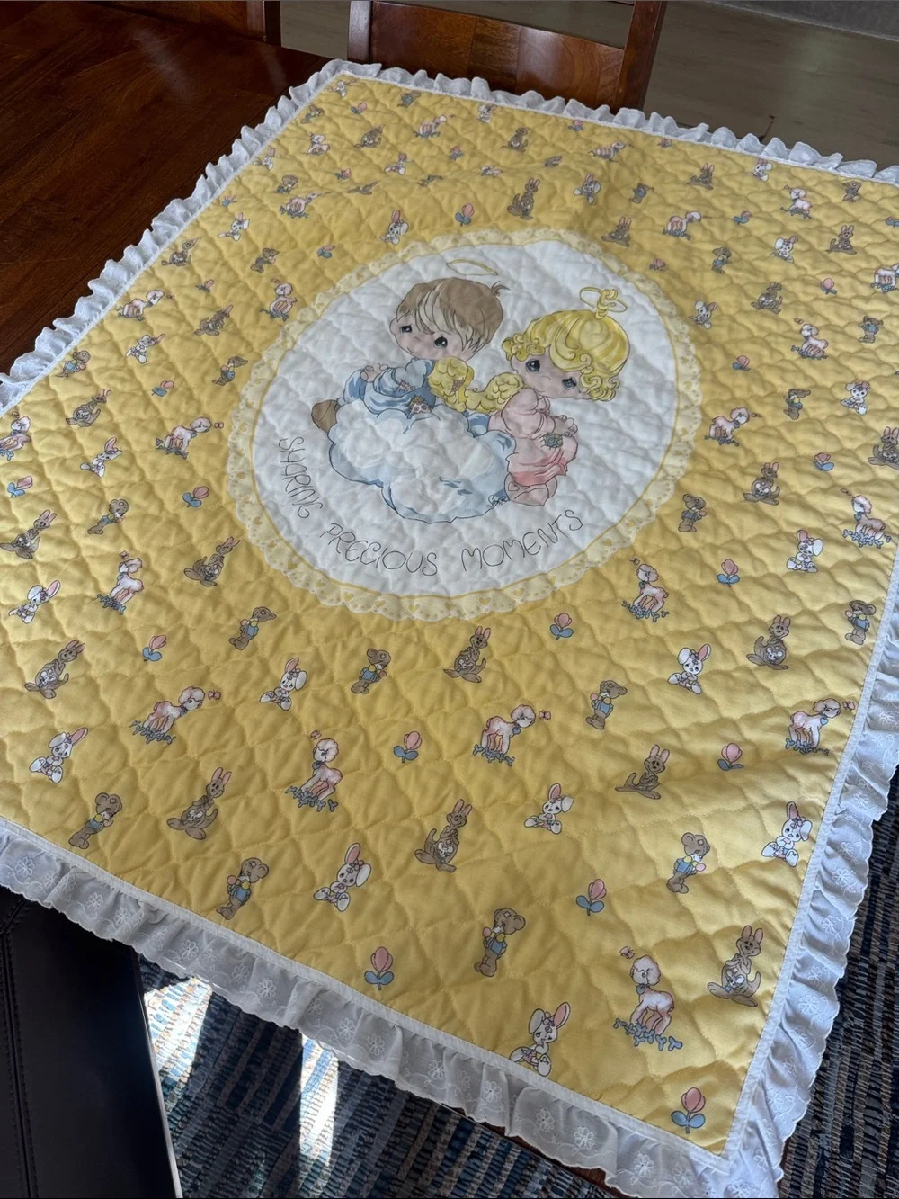 Vintage Yellow Precious Moments Baby Quilt w/ Ruffle Trim approx 45inX35&1/2in
